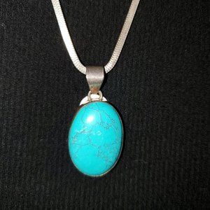 22" Sterling Silver Snake chain with large Cabochon Turquoise Pendant Necklace